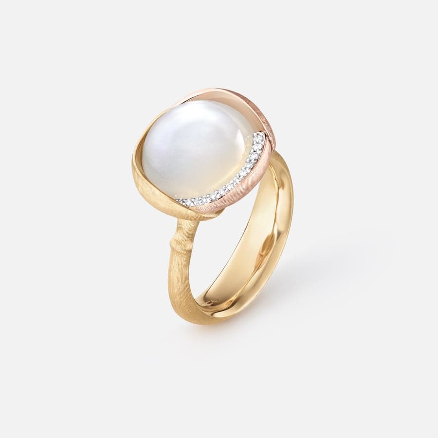 Lotus Ring 3 in Yellow & Rose Gold w Diamonds & White Moonstone  |  Ole Lynggaard