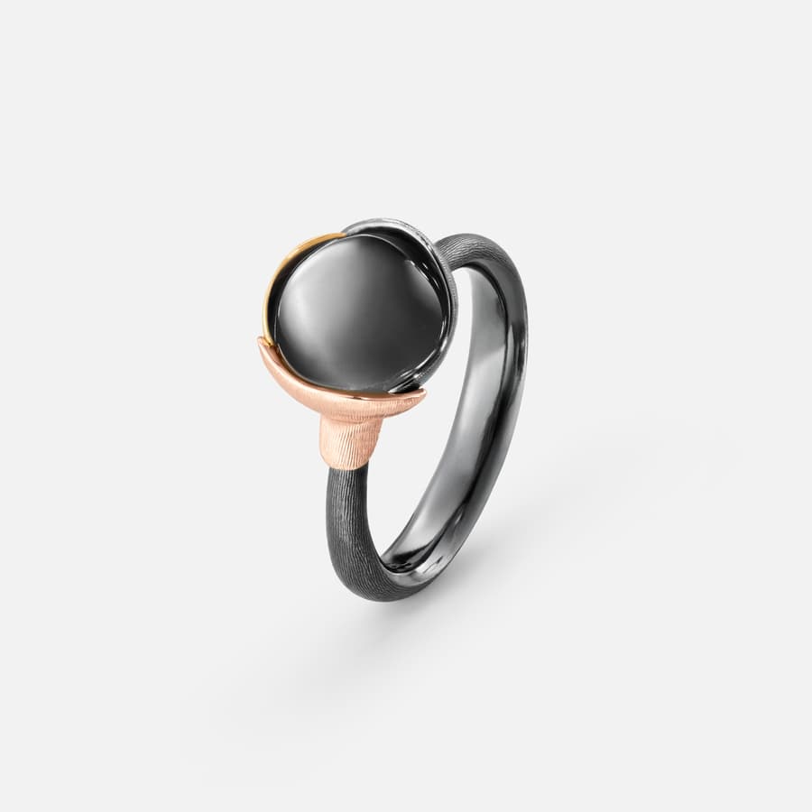 Lotus Ring size 1 in Gold & Oxidized Sterling Silver with Grey Moonstone  |  Ole Lynggaard