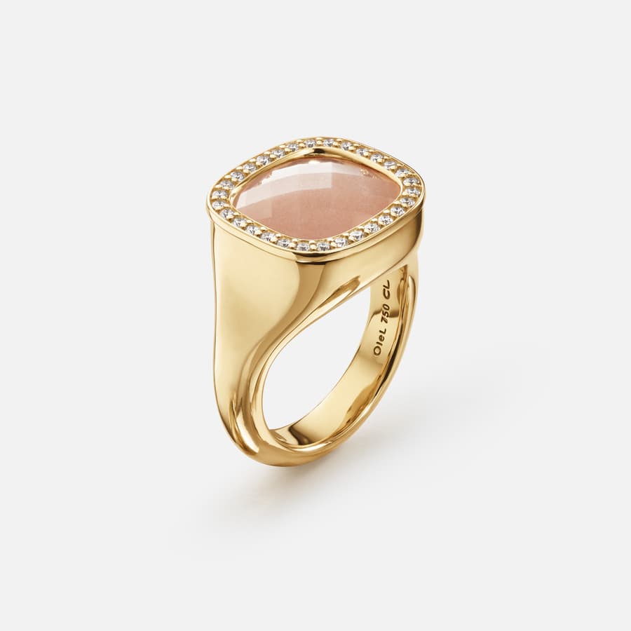 Cushion Ring in 18 Karat Yellow Gold, Diamonds & Blush Moonstone  |  Ole Lynggaard Copenhagen 