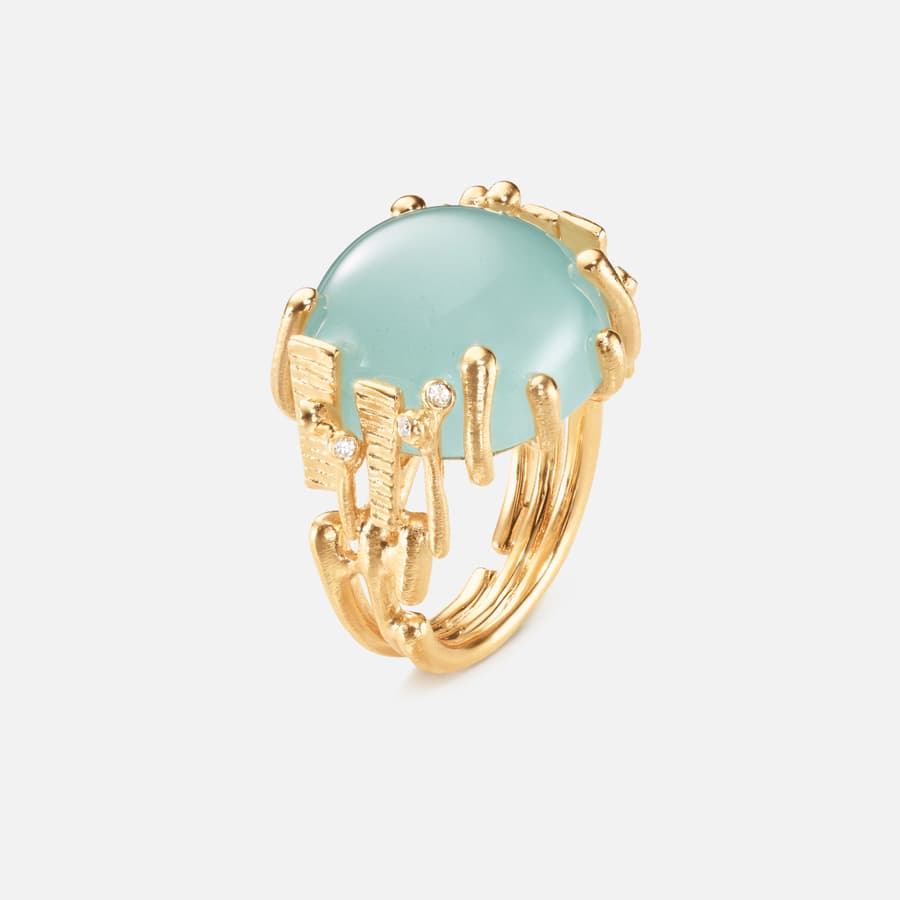 BoHo Ring Large in Gold with Blue-Green Aquamarine and Diamonds | Ole Lynggaard