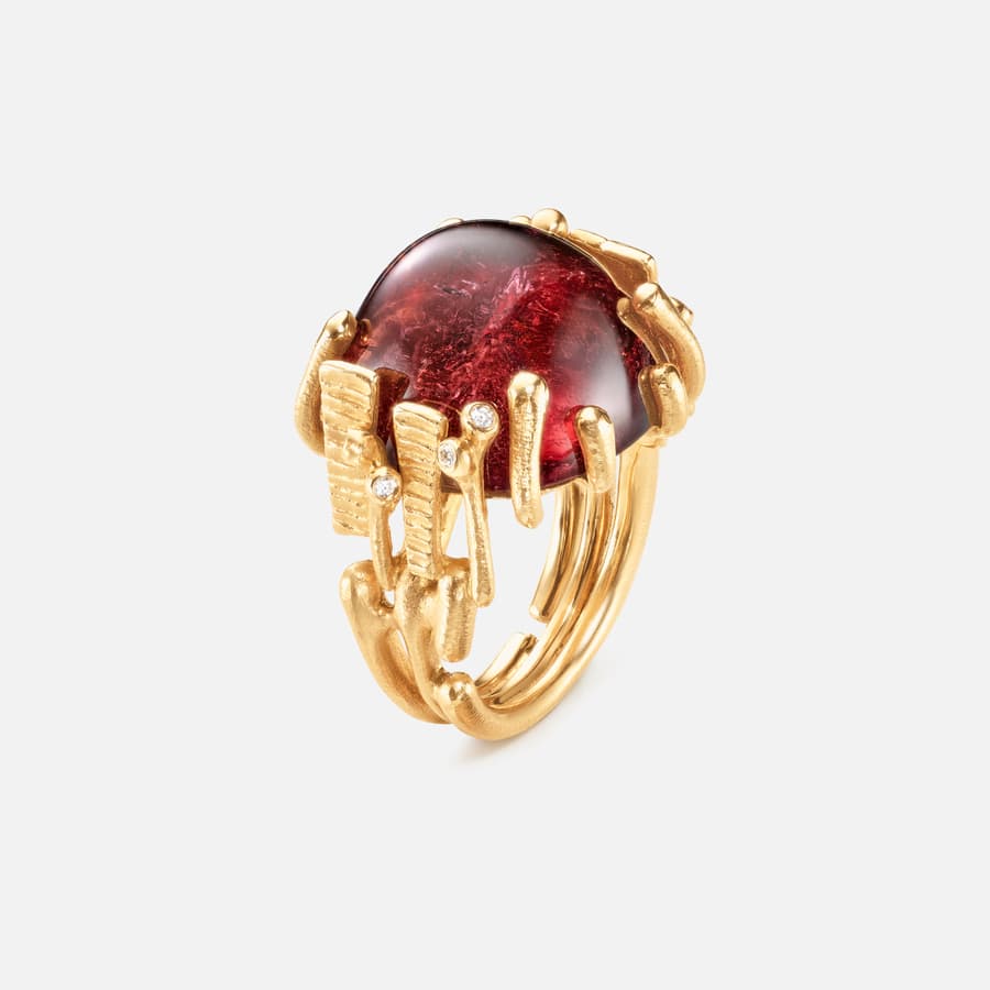 BoHo Ring Large in Gold with Cerise Tourmaline and Diamonds  |  Ole Lynggaard