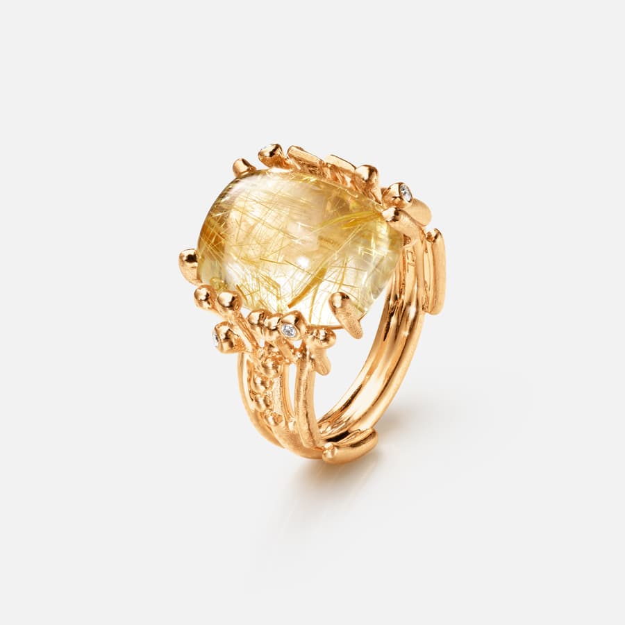 BoHo Ring Medium in Gold with Rutile Quartz and Diamonds  |  Ole Lynggaard