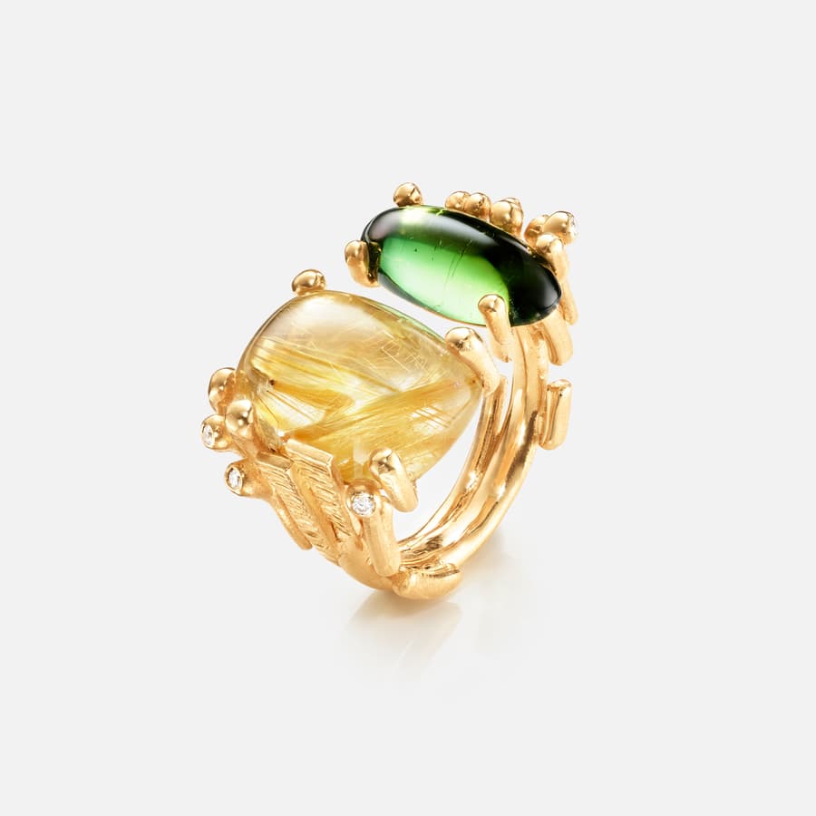BoHo Ring Double in Gold with Rutile Quartz, Tourmaline, & Diamonds  |  Ole Lynggaard