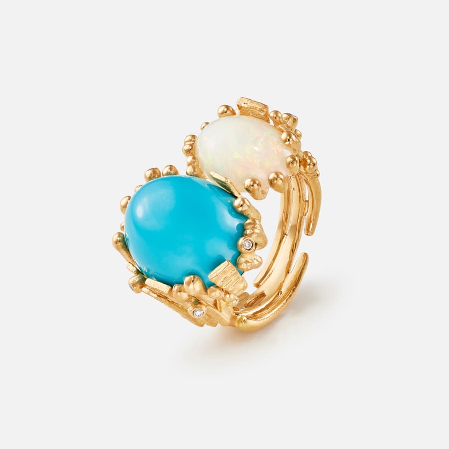 BoHo Ring Double in Gold with Turquoise, Blue Opal, and Diamonds | Ole Lynggaard